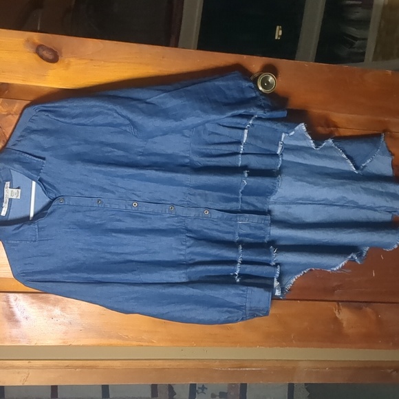 SABRINA LAUREN* raw edge denim back ruffle tuxedo blouse long sleeve button fron - Picture 11 of 15